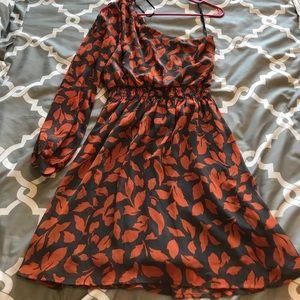 Flattering one shoulder orange and grey dress